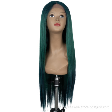 Long straight hair Superior tide green color Natural Hairline heat resistant lace front synthetic hair wigs  for black women